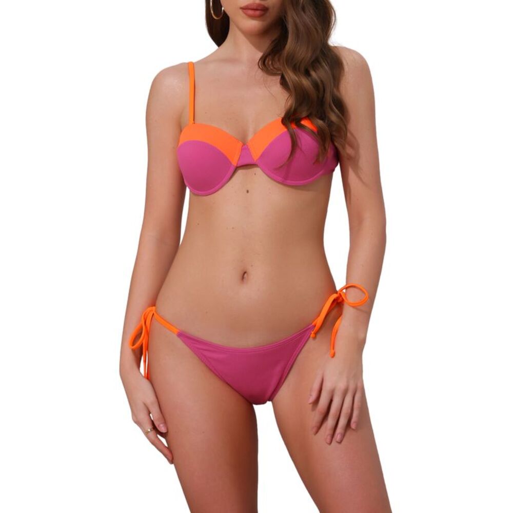 Contrast Color Ribbed 2 Piece Top Triangle Bottom Swimwear Rose Red-Orange